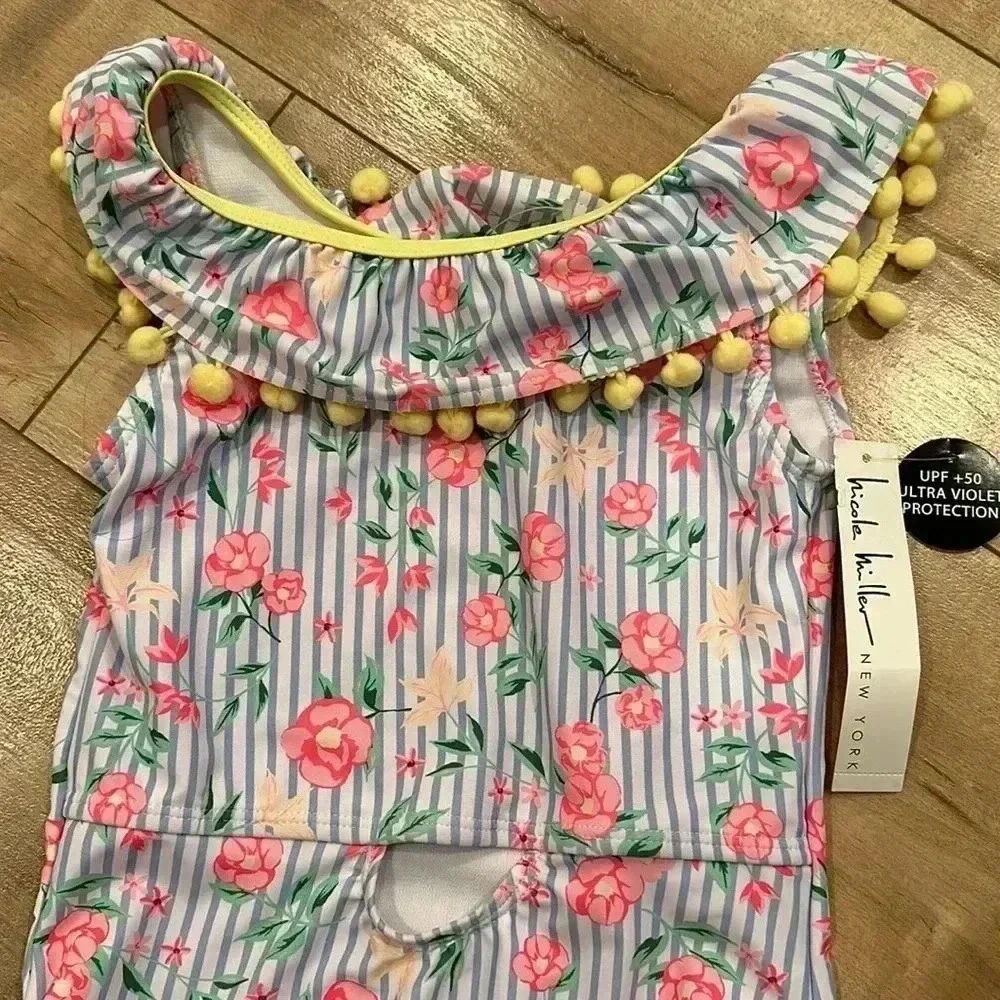 4/$25 NWT Nicole Miller One Piece Floral Striped Pom Pom Swim Suit Girls M (10)